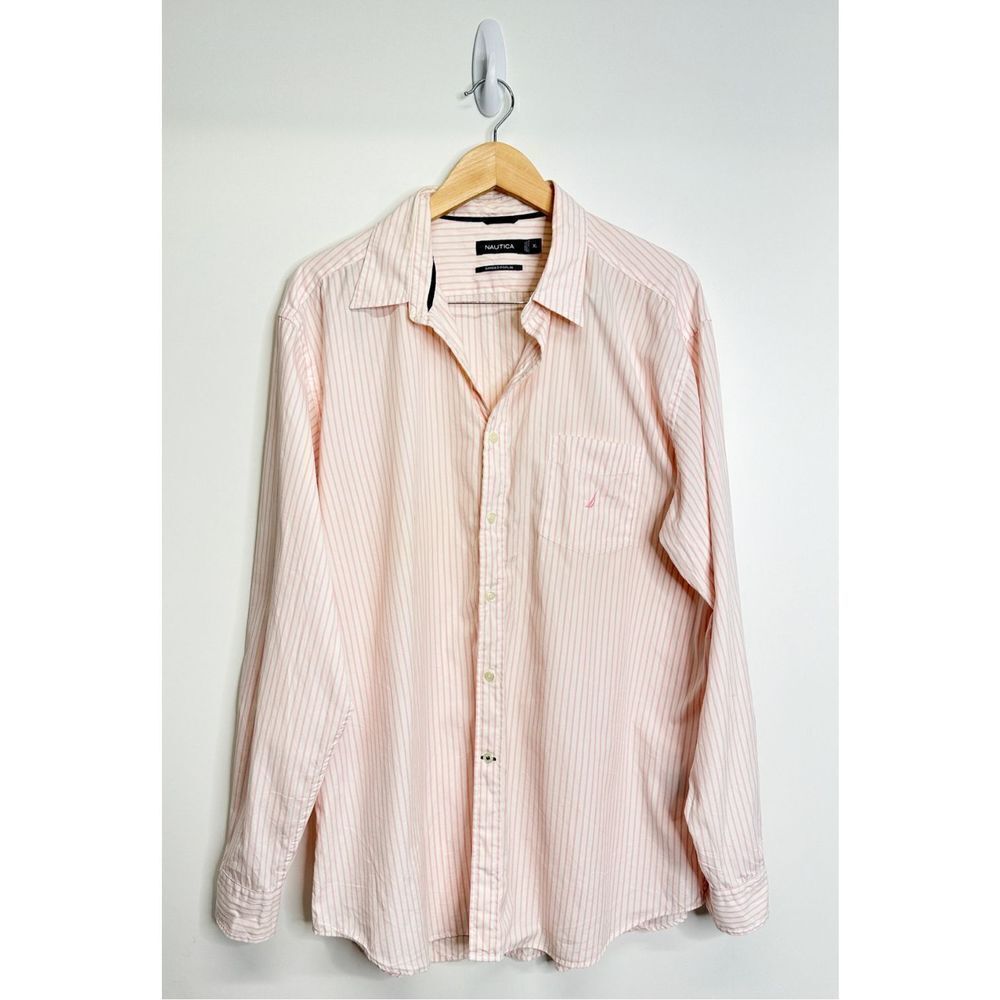 Nautica Shirt Mens XL Pink Long Sleeve Striped Shirt Sanded Poplin 100% Cotton